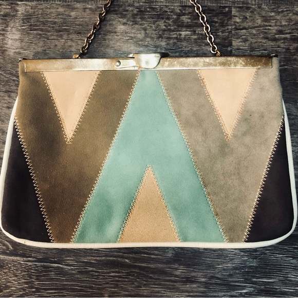 Vintage Ideal Patchwork Color-block Purse Handbag Metal Chain Strap - Picture 2 of 7